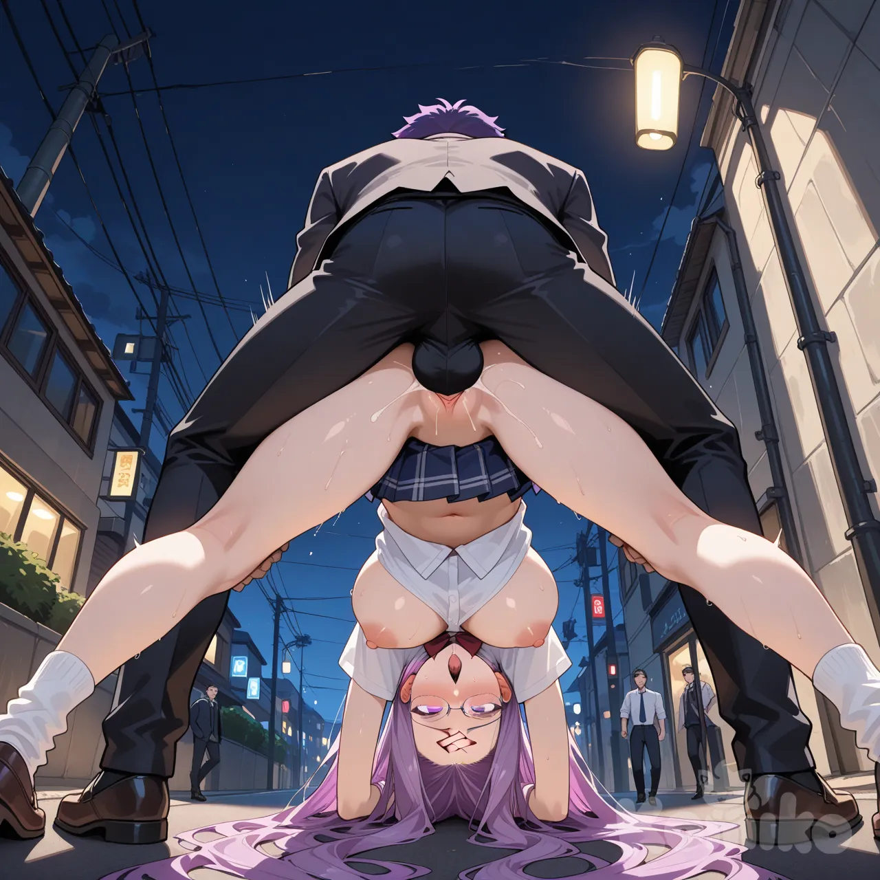 medusa \(penunggang) (nasib\), takdir \(seri\), 1gadis,m, mata ungu, kacamata, rambut ungu, rambut sangat panjang, payudara besar, tanda dahi, telanjang payudara, mini skirt lipit, no panties, public indecency, melebarkan paha, ahegao, adegan seks, seks di tempat umum, 1boy, seks dari belakang, ultra-wide shot, from below, night