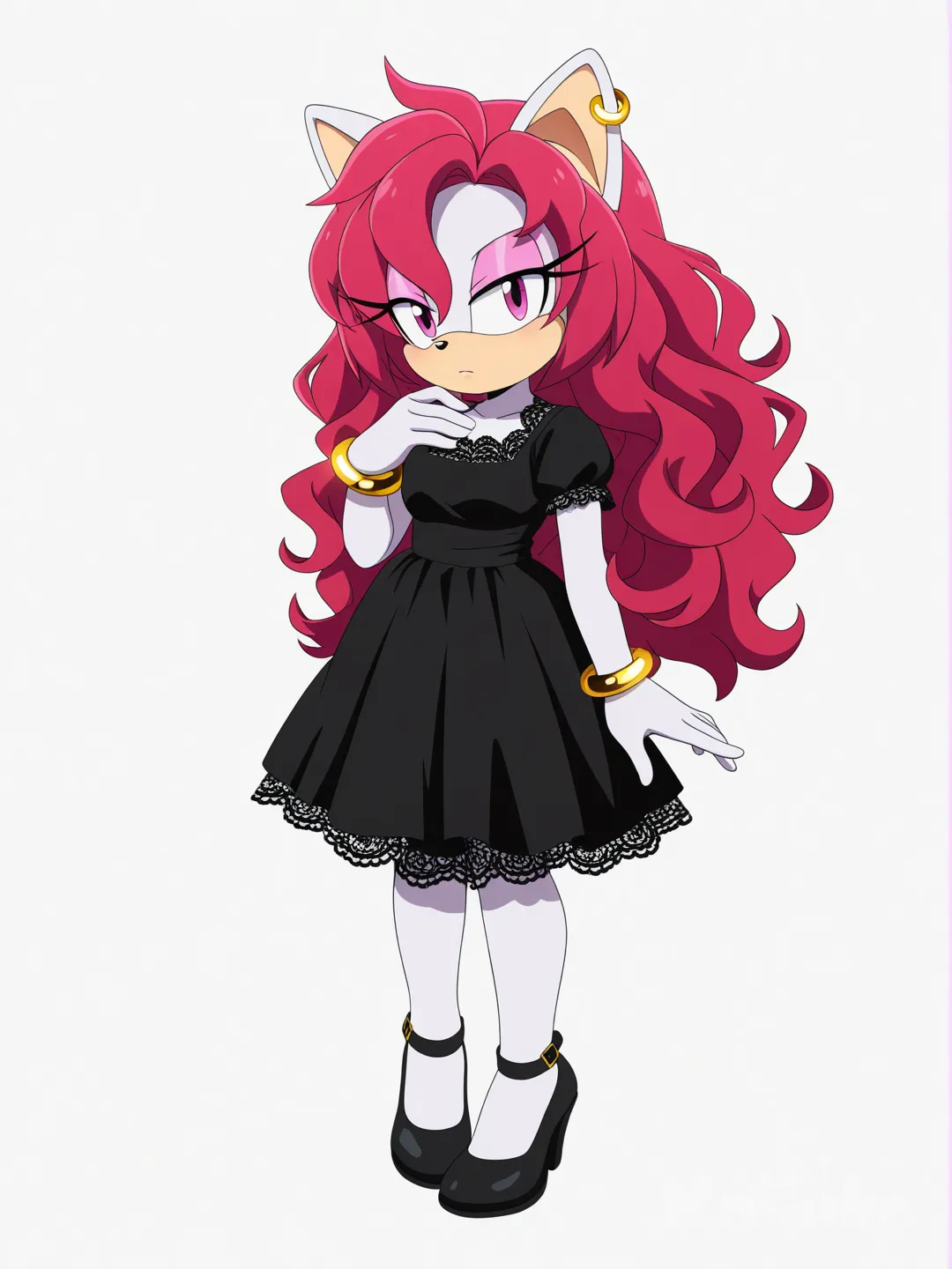 [pop-anime-style] 1girl, sonic the hedgehog original character, anthropomorphic animal, teenager, curvy, pink hair, red hair, wavy hair, pink eyes, dimple, pale skin, little black dress, lace, earrings, bracelet, anime coloring, single character, full body, looking at viewer, anime style, simple background, white background