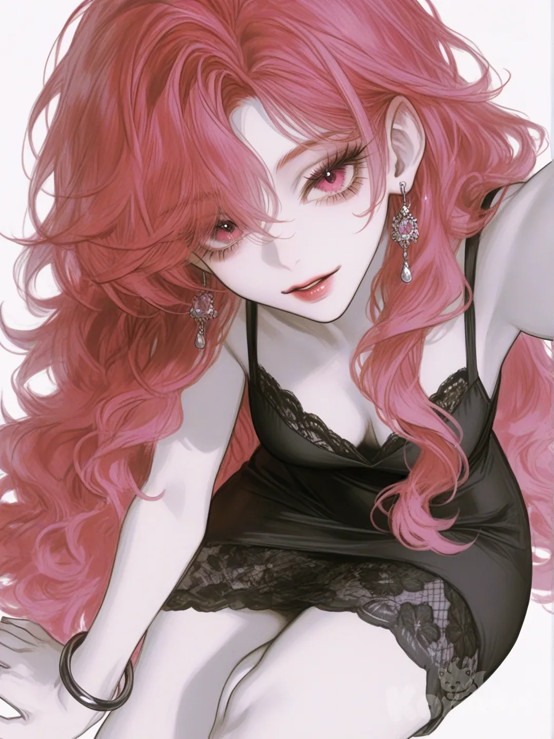 [semi-realistic-portrait-style] 1girl, sonic the hedgehog original character, anthropomorphic animal, teenager, curvy, pink hair, red hair, wavy hair, pink eyes, dimple, pale skin, little black dress, lace, earrings, bracelet, anime coloring, single character, full body, looking at viewer, anime style, simple background, white background