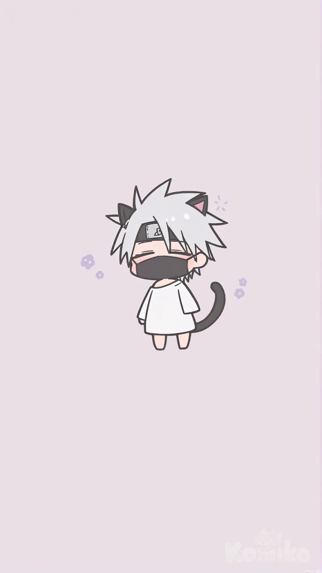 [pastel-chibi-style]A cute chibi anime illustration of Kakashi Hatake from the Naruto series, drawn in a soft pastel kawaii style. Small chibi body with an oversized head, shy standing pose. Kakashi has spiky silver hair, one eye gently curved as if relaxed, the lower face covered with his iconic black ninja mask, and a Leaf Village forehead protector tilted slightly. Large round simplified anime eyes, tiny nose, subtle blush dots on the cheeks. Cat ears on the head and a long curved black cat tail for a cute fantasy twist. Butterfly-shaped hair accessory behind the head. Wearing an oversized plain white t-shirt instead of ninja armor. Clean smooth lineart, flat colors, minimal shading, cozy aesthetic. Solid soft purple background. High-quality digital illustration, adorable, simple, chibi anime art style.