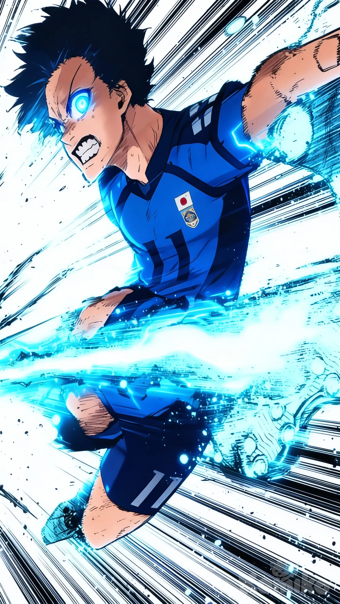 Recolor this black-and-white manga soccer action panel with a high-energy Blue Lock anime color theme. Use electric neon blue and cyan as the primary colors, deep navy blue for shadows, and bright white highlights. Add glowing blue eyes, intense expression, and dramatic anime lighting. Apply cyan and electric blue energy aura, speed lines, motion streaks, and particle effects to emphasize power and movement. Keep the original manga line art, pose, anatomy, and composition unchanged. Clean modern anime digital coloring, sharp details, strong contrast, cinematic action style., isagi