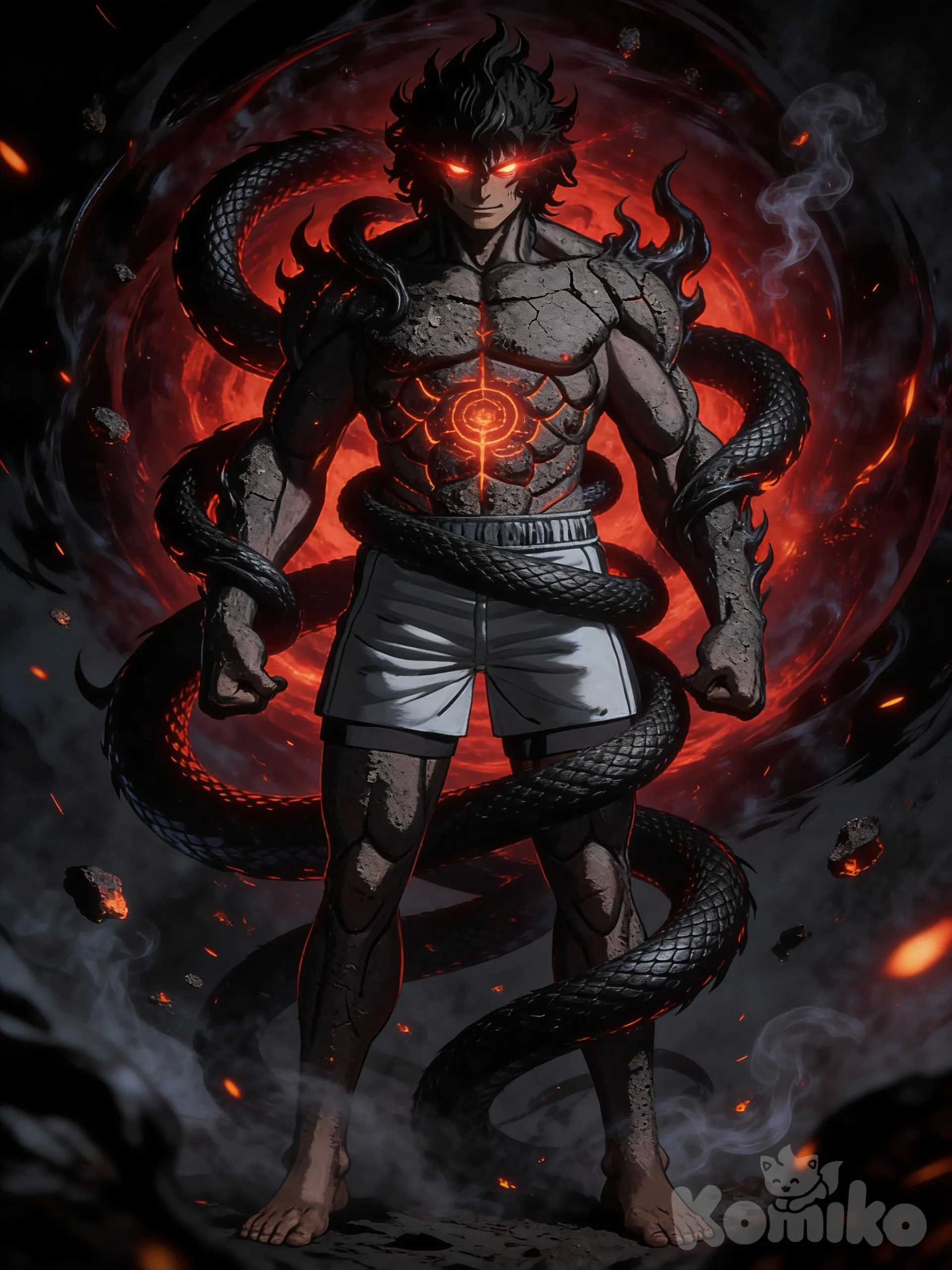 A towering demonic presence emerging from shadow, surrounded by a violent, swirling aura of crimson and obsidian energy. Black flames coil around its body like living serpents, veins of glowing infernal runes pulsing beneath cracked, ash-covered skin. Eyes burning with ancient malice, emitting red light that pierces the darkness. The atmosphere is heavy with corrupted energy, embers floating through the air, distorted reality bending around the aura. Dark fantasy anime realism, ultra-cinematic lighting, high contrast, dramatic shadows, supernatural power visualization, ominous mood, god-like menace, ethereal smoke, polished digital art, quality, sharp focus, vertical composition., Ohma Tokita