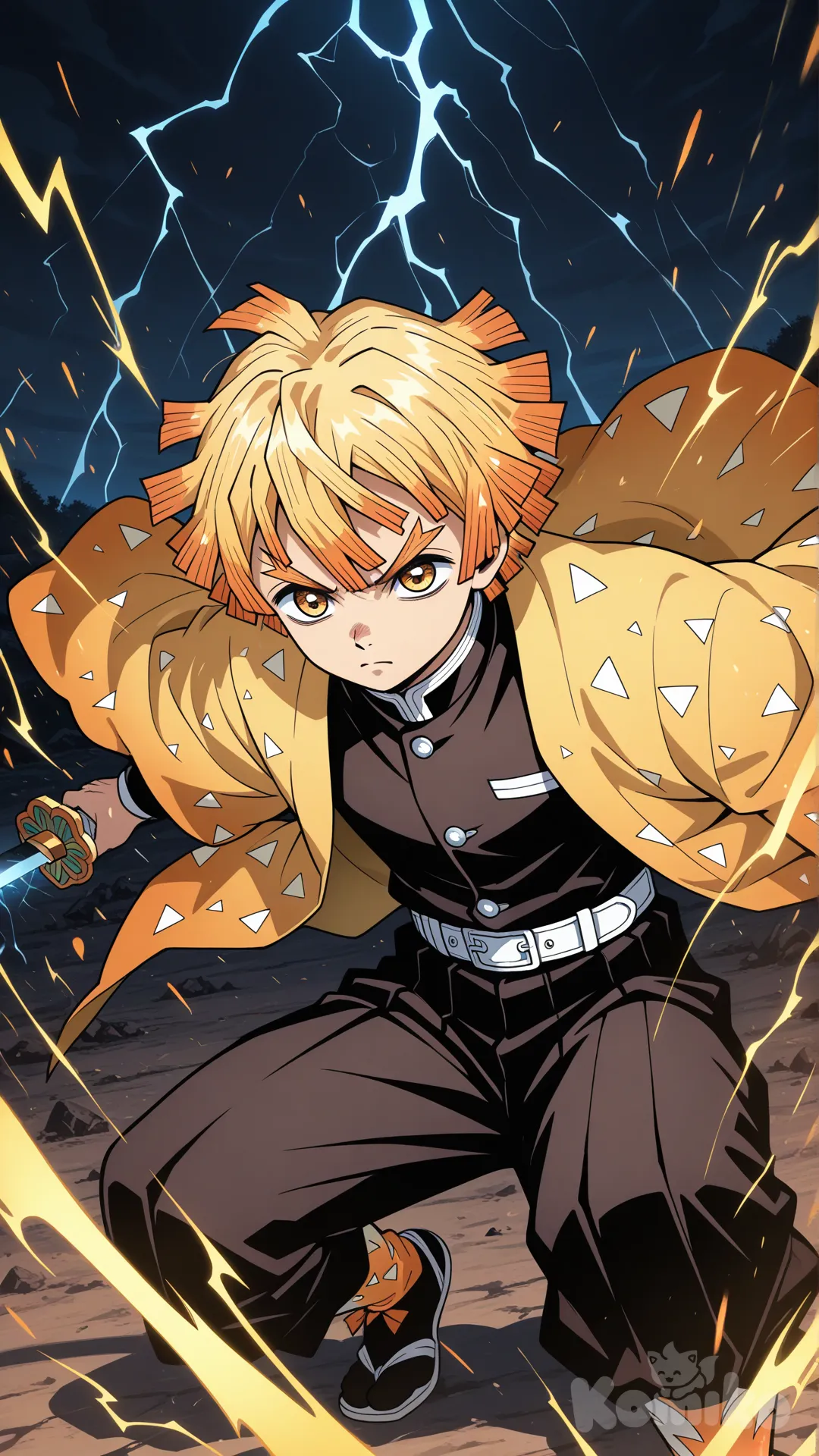 @Agatsuma_Zenitsu, A dynamic anime-style warrior with short, spiky blonde hair, wearing a bright yellow and orange haori decorated with white triangular patterns. The character wields a glowing katana crackling with vibrant yellow electricity. Intense energy sparks surround the blade and the warrior’s figure, illuminating the scene with electric light streaks. The background is a dramatic, dark battlefield with flashes of blue and orange light, emphasizing the electric power radiating from the sword. The warrior's expression is focused and determined, mid-action stance, capturing movement and power. The overall atmosphere is electrifying, intense, and heroic, with a modern anime art style featuring sharp lines and glowing effects.