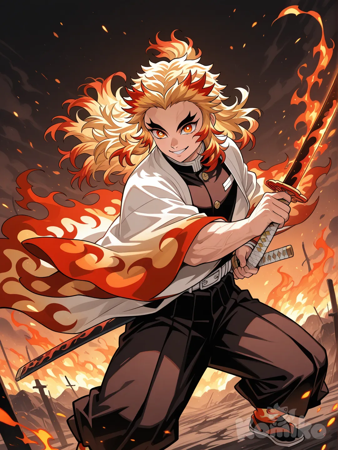 @Rengoku_Kyoujurou , Rengoku Kyojuro from Demon Slayer in a dynamic action pose, wielding a katana engulfed in blazing flames, intense and confident expression, glowing fire energy effects, dramatic cinematic lighting, flowing flame-patterned haori and wild hair in motion, fantasy battlefield background, high contrast, ultra-anime art style, vibrant fiery colors, epic cinematic angle, sharp focus, quality