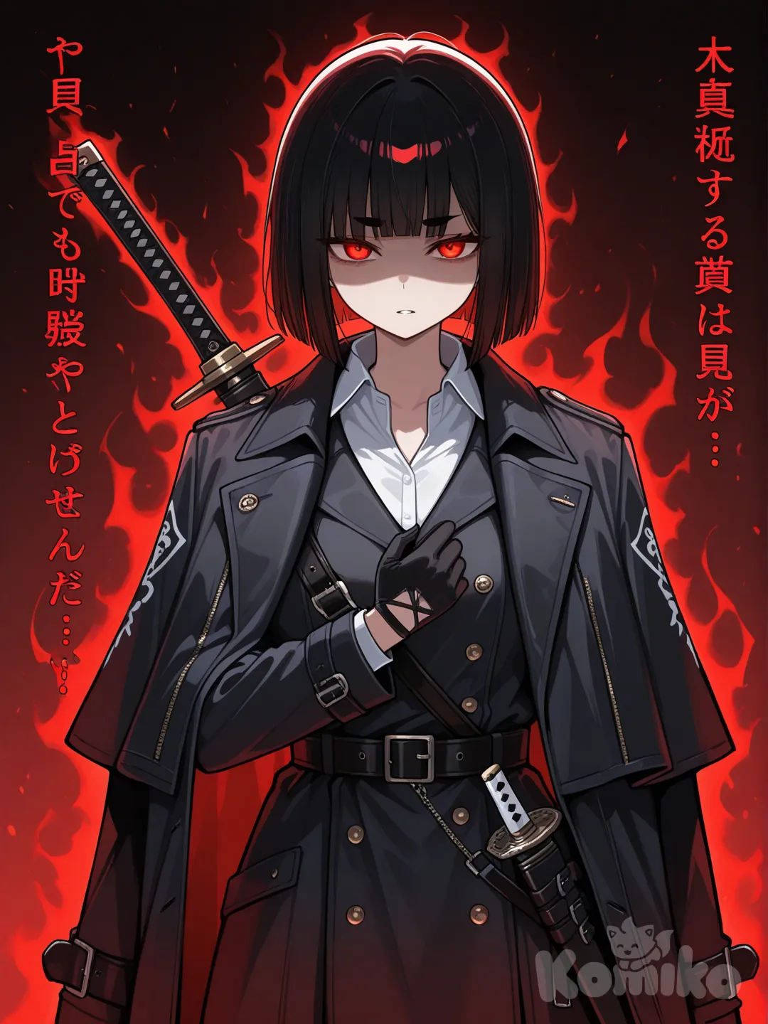 Depict a woman of average height and build with a sleek, straight black medium lenght bob haircut, featuring a perfectly blunt fringe that fully covers her eyebrows. Her eyes are sharp, intense red, giving off a cold and hostile aura. She wears the LCB uniform in an informal manner: a dark coat draped over her shoulders, no tie, and a single black glove on one hand. On her back rests a long sheathed ōdachi with Japanese inscriptions along the scabbard, its blade never visible. The overall atmosphere should emphasize her dangerous, artistic, and macabre presence, as someone who observes the world with an aesthetic detachment toward violence. Keep the tone tense and slightly sinister to reflect her nature., 5c8f6a9b2edbc91e4eeabf3524f1ffa8