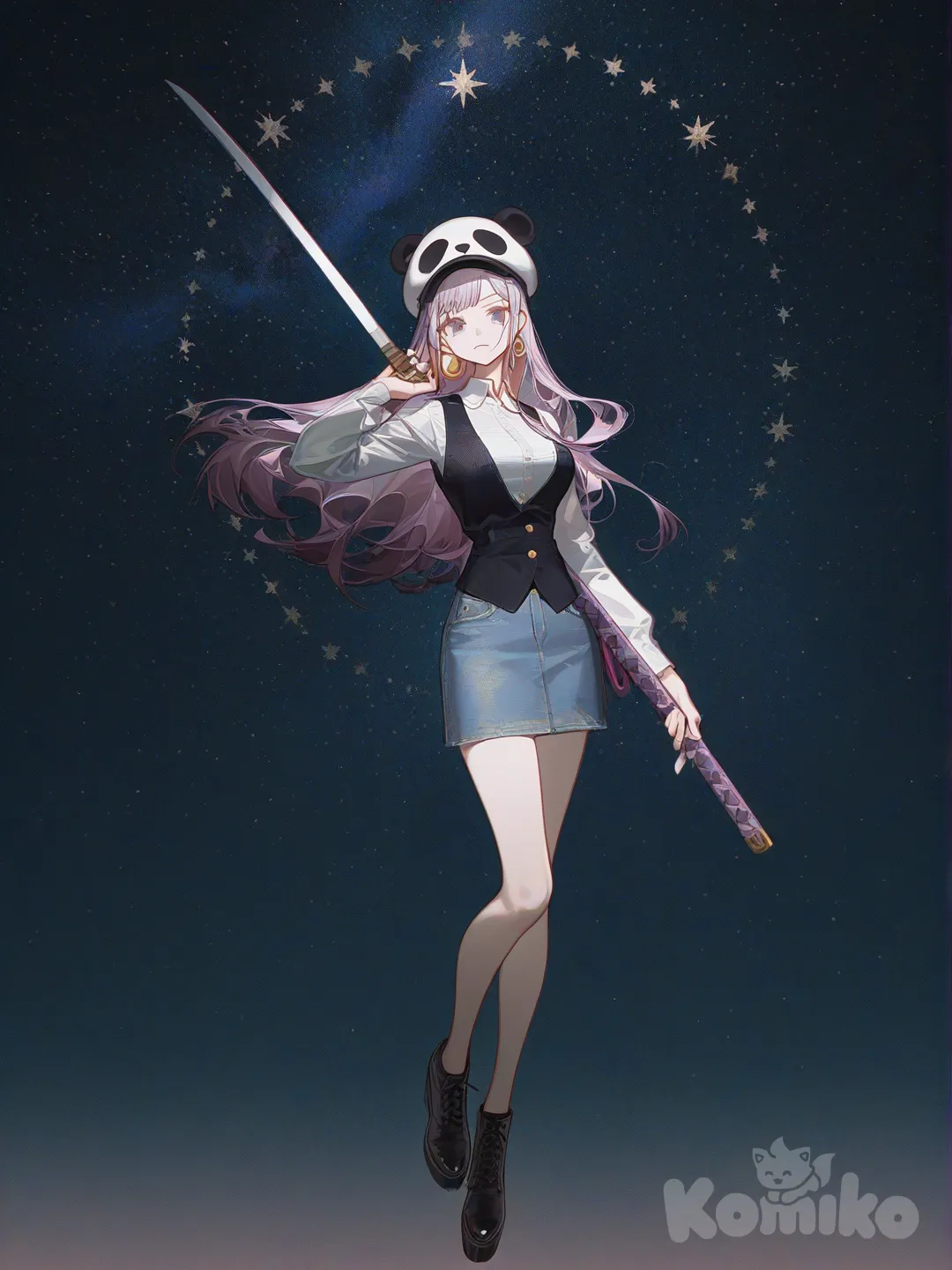 anime girl with panda hat, cute kawaii style, adorable character design, 1girl, Yamato (One Piece), [high-contrast-glossy-style], holding sword, vest, denim skirt, lace, straight bangs, navy blue, full body, ambient light, cosmic background