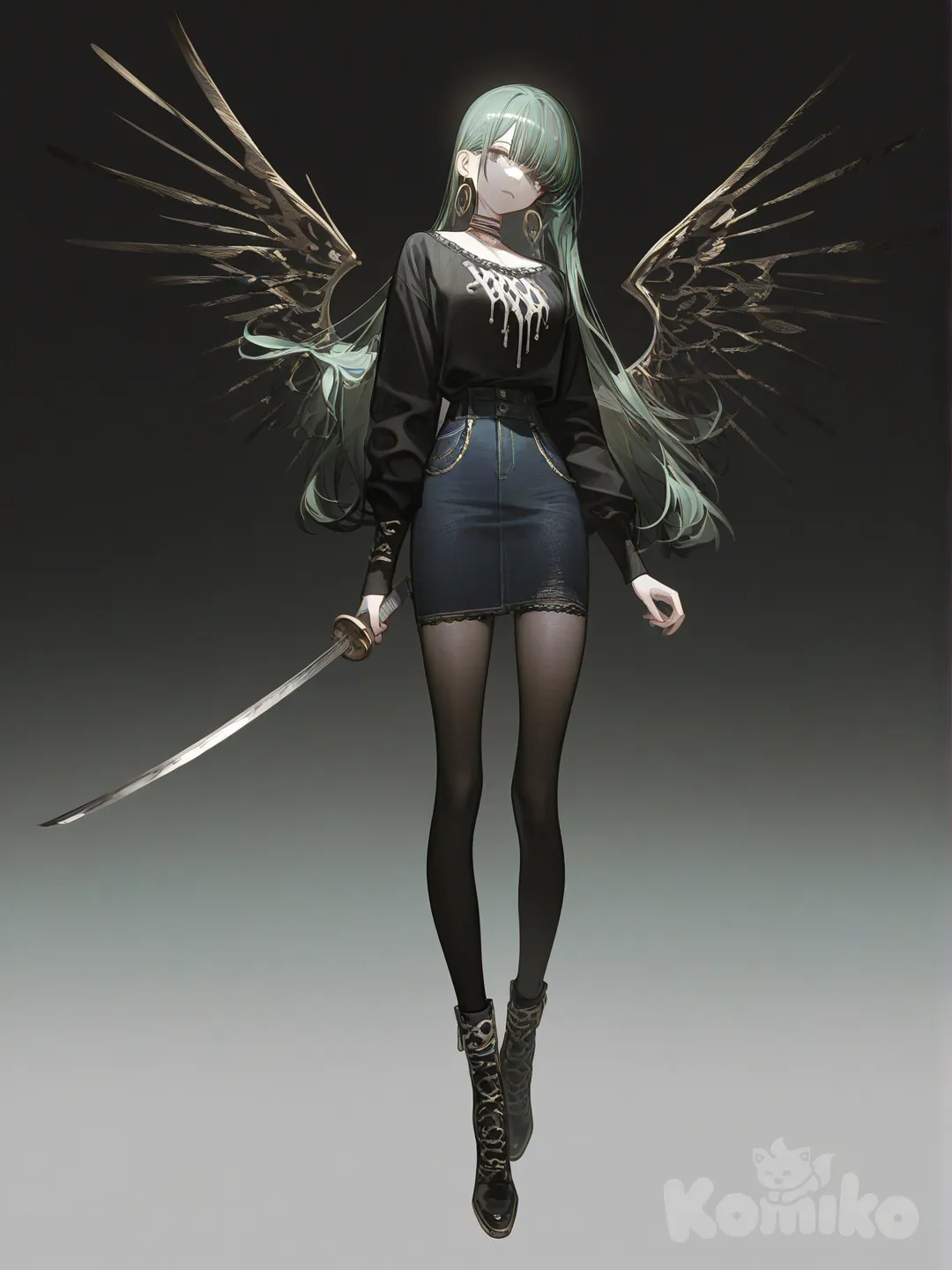 Roronoa Zoro, [high-contrast-glossy-style], holding sword, denim skirt, 1girl, lace, angle wings, straight bangs, slicked-back hair, charcoal black, full body, ambient light, gradient background
