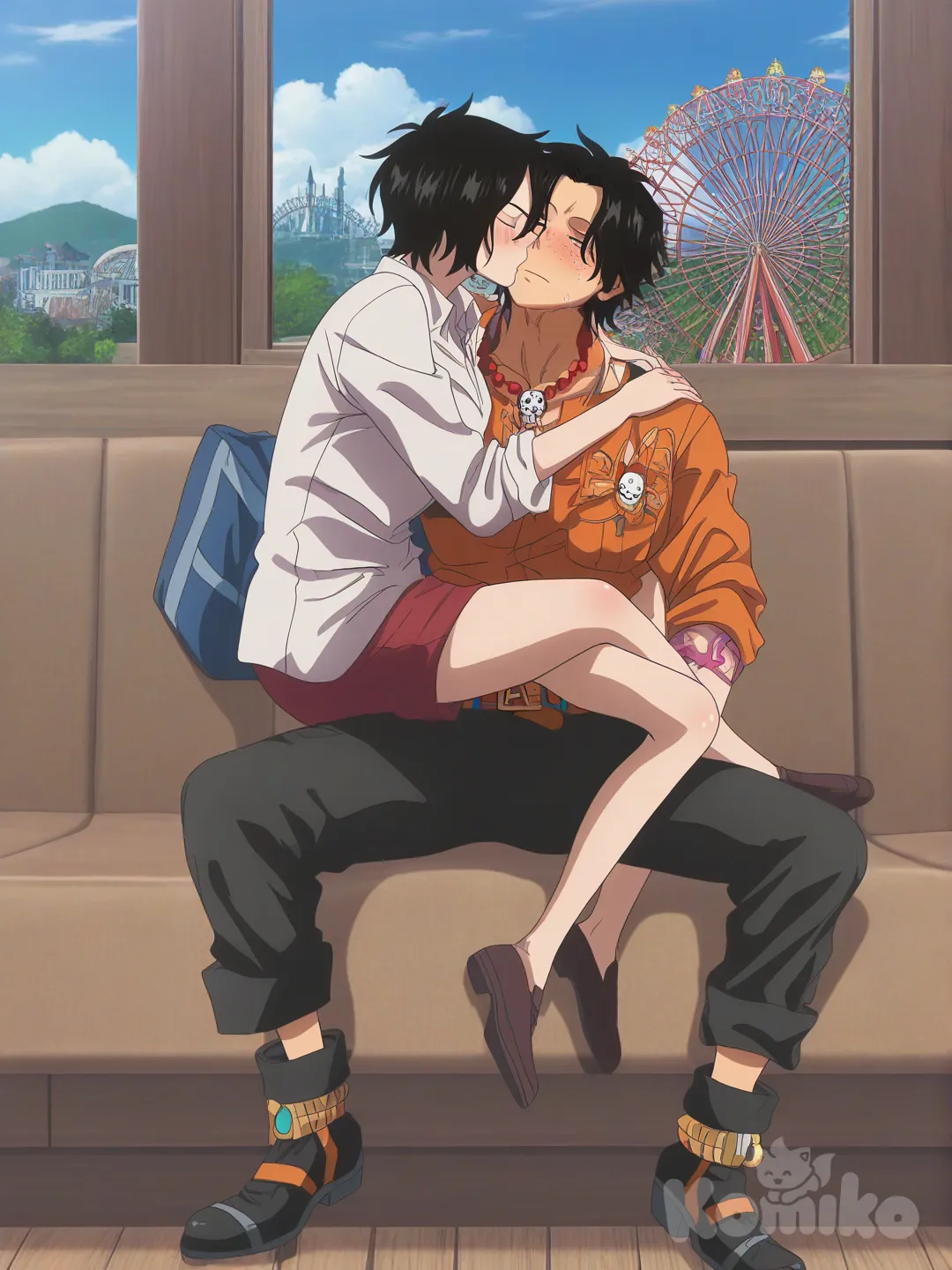 2girls, Dusk (Arks), Portgas D. Ace, [bright-anime-style], kissing, sitting on lap, blush, full body, day, ferris wheel