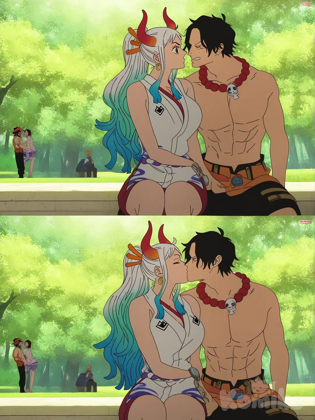 Yamato (One Piece), Portgas D. Ace, [bright-anime-style], sitting on lap, kissing, closeup, upper body, day, park, 1boy, 1girl, 2people
