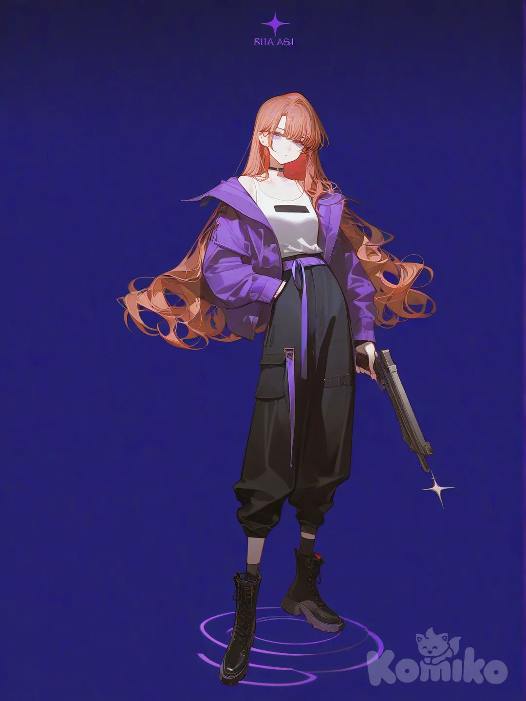 1girl, [high-contrast-glossy-style], holding gun, expressionless, black boots, red wavy long hair, white tank top, purple jacket, black baggy pants, blue, full body, sparkle, secret underground base