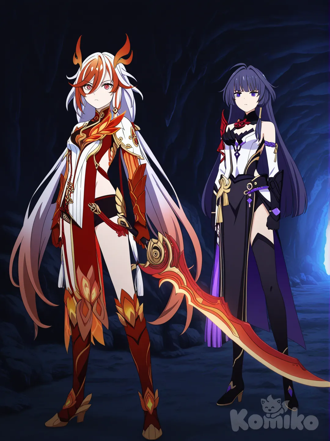 2girls, Raiden Mei (Herrscher Of Thunder), Fu Hua (Fenghuang Of Vicissitude), [pop-anime-style] holding swords, frown, expressionless, upper body, full body, headshot, closeup, night, twilight, sle, cave