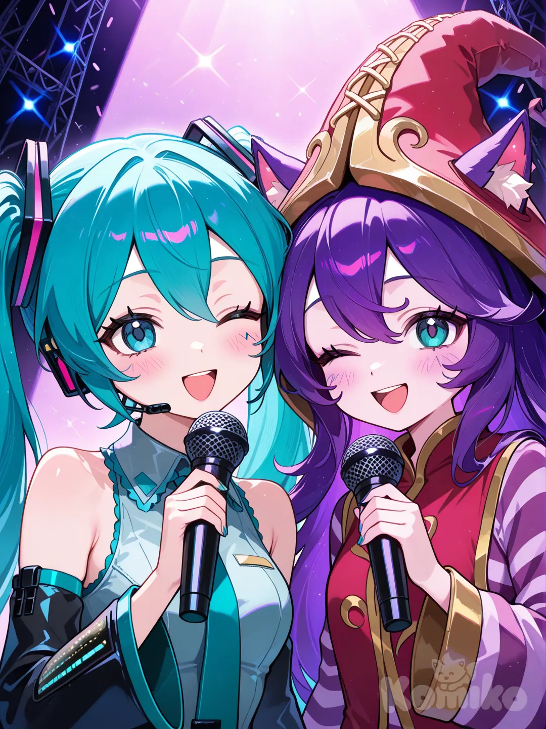 Lulu (League Of Legends), Hatsune Miku, singing, smile, blush, one eye closed, closeup, portrait, upper body, full body, light, stage