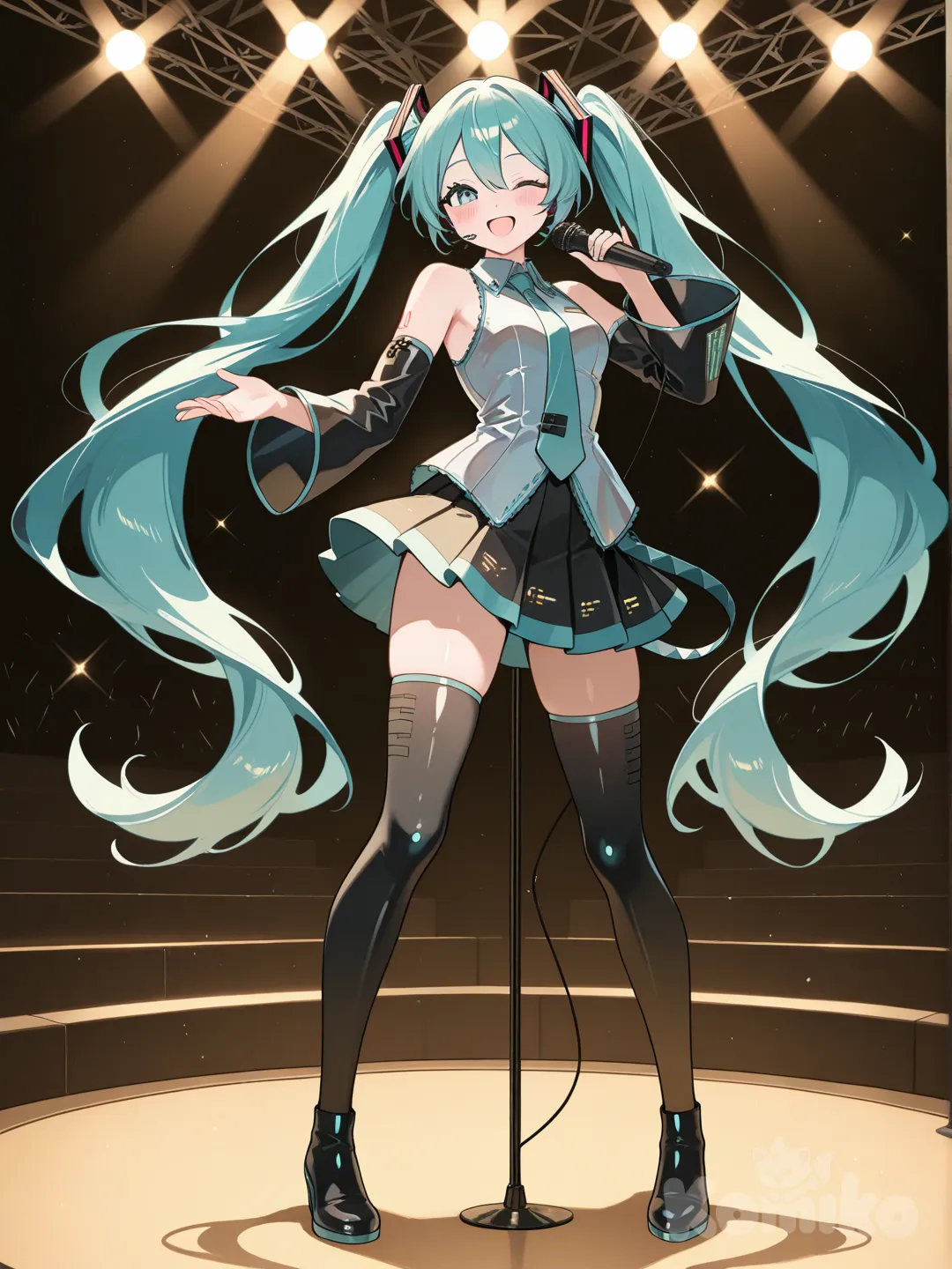 @Hatsune_Miku, singing, smile, blush, one eye closed, closeup, portrait, upper body, full body, light, stage