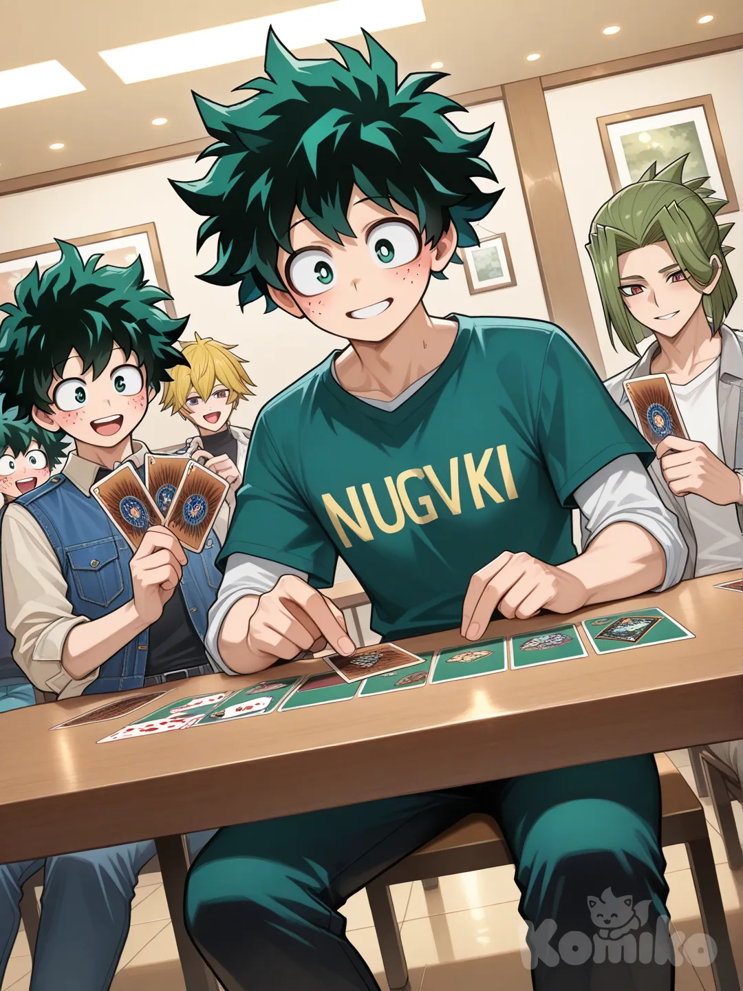 midoriya izuku, playing Yu-Gi-Oh with friends and show one of his cards in his hand and making an actual card