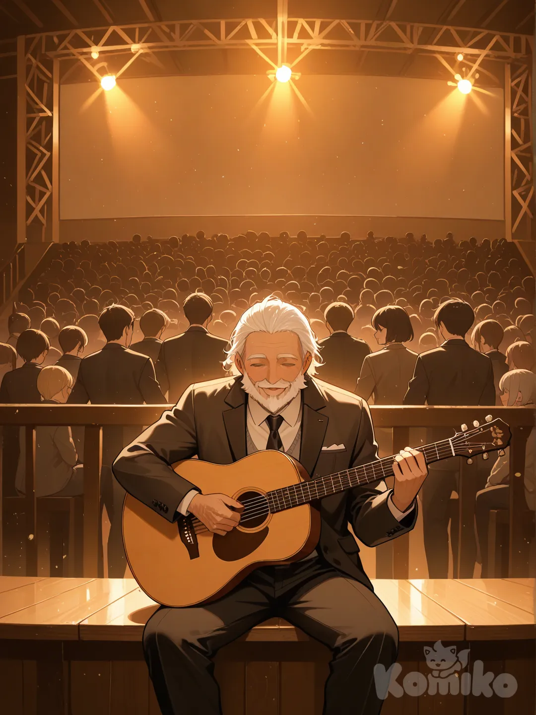 Old man starts playing the guitar again as people listen