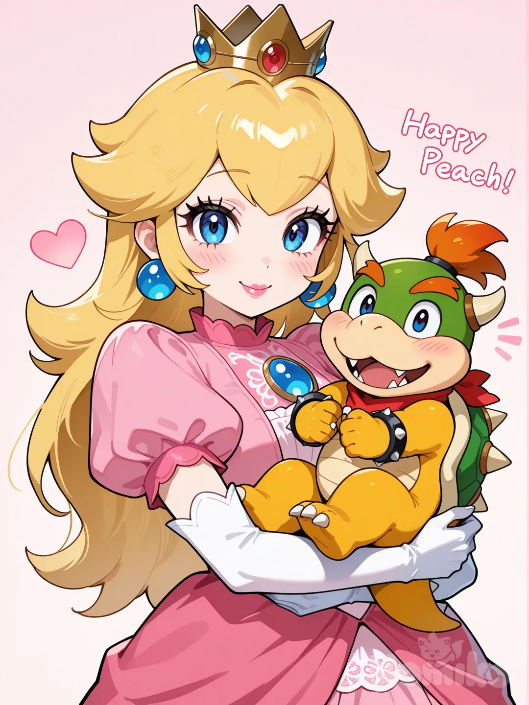 Princess Peach is carrying around Bowser Jr like a mother carries around her child since Bowser Jr is her child