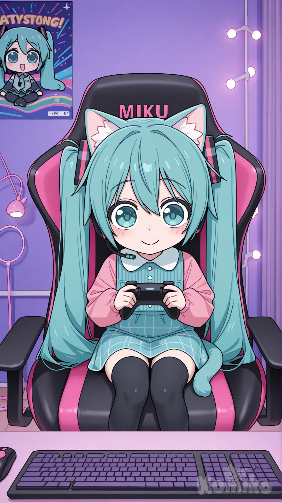 Her name is Hatsune Miku
Miku beam: However long she can say miku beam from shr can lunch out a beam that slows opponents.
You should know about healing.
Cat: she has the physical traits of a cat which makes her act childish and she hates fighting but if someone sees cares about or herself is in danger her personality shifts and she fights. 
Side note: she is 5 years old girl and really cute, 3d, kawaii, she is in a gaming room, kid, [toon-shaded-style]