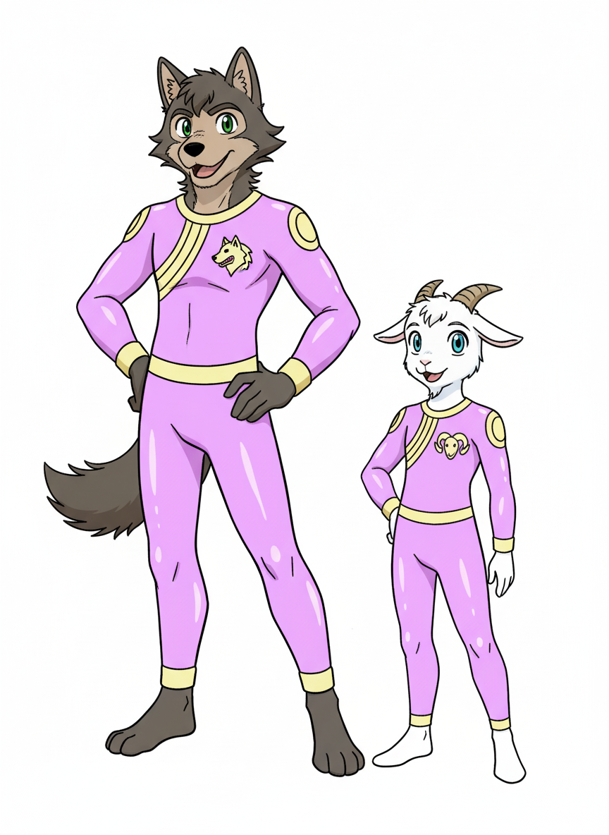 2boys, goat boy, wolf boy, mature male, furry, lavender pvc rubber suit, goat almost same height as wolf, full body, looking at viewer, anime style, simple background, white background
