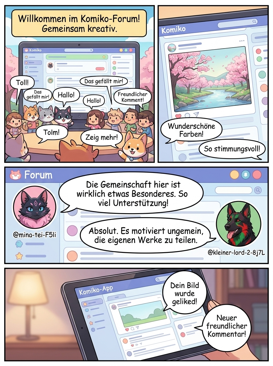 @mina-tei-F5Ii, @kleiner-lord-2-8j7L User_1: Im Forum der Komiko-App herrscht eine bemerkenswerte Harmonie. Die Mitglieder zeichnen sich durch ein hohes Maß an Freundlichkeit aus. User_2: Das ist korrekt. Zudem ist die Qualität der dort geteilten visuellen Medien und Bilder als ästhetisch äußerst ansprechend einzustufen. Die Interaktion verläuft stets konstruktiv.