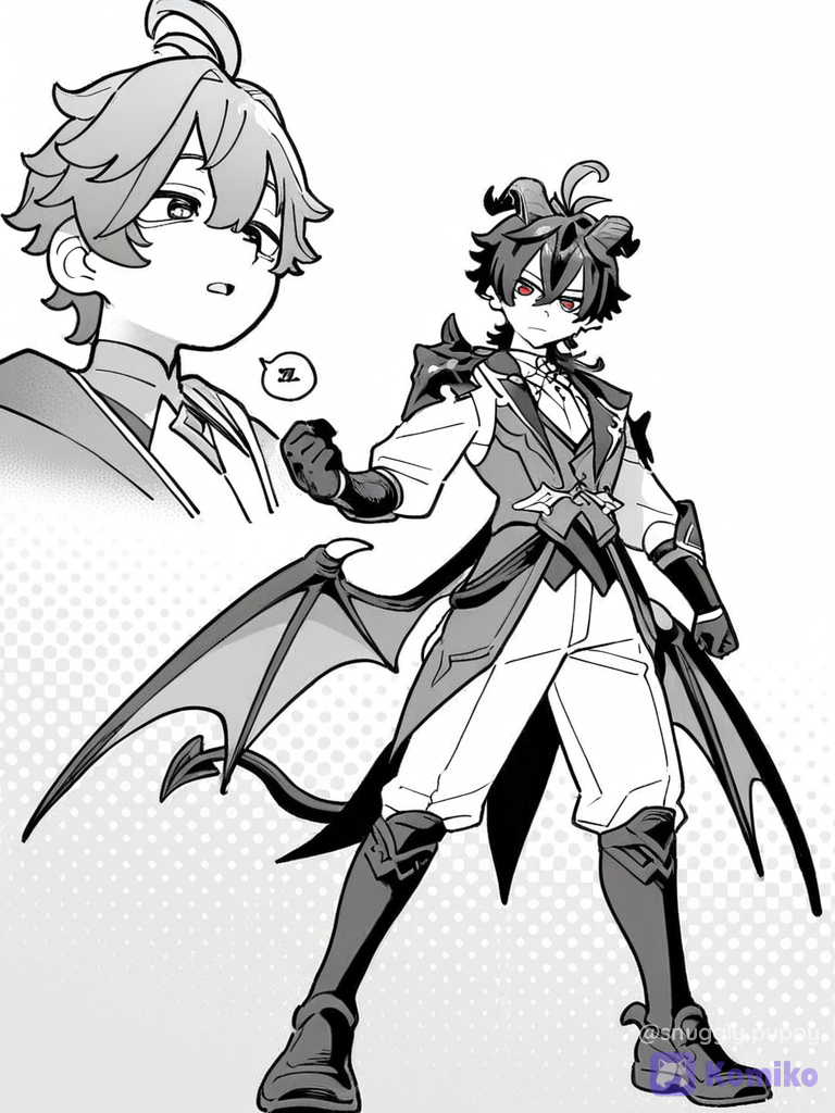 [grayscale-manga-style], 2boys, @Scaramouche_(Genshin_Impact), @Durin