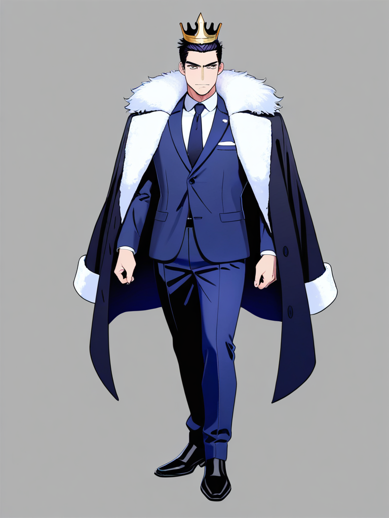 1boy, mature, muscular, black_hair, purple_eyes, fair_skin, purple_hoodie, suit_pants, crown, single character, full body, looking at viewer, anime style, simple background, white background