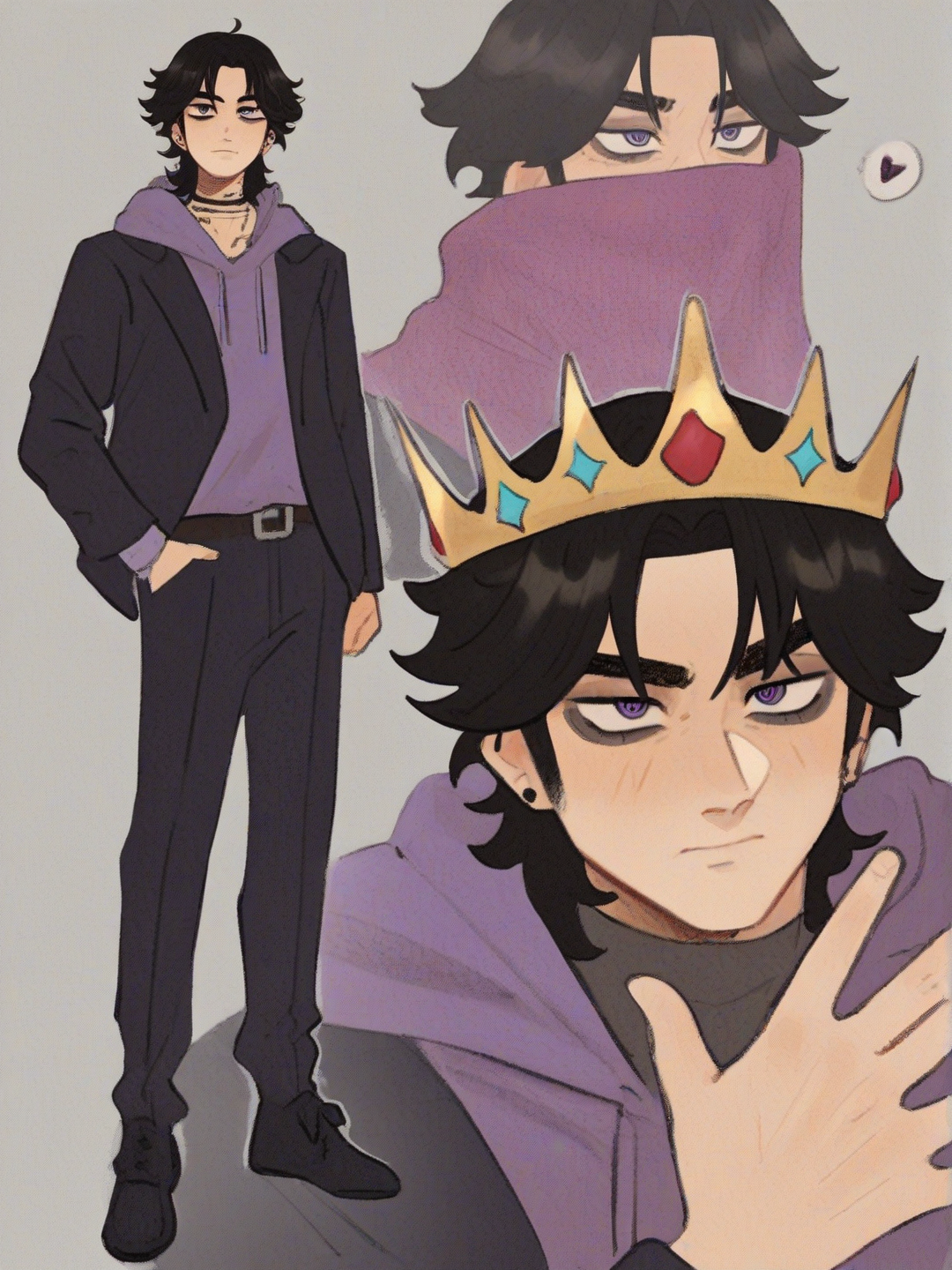 [soft-shaded-moe-style] 1boy, mature, muscular, black_hair, purple_eyes, fair_skin, purple_hoodie, suit_pants, crown, single character, full body, looking at viewer, anime style, simple background, white background