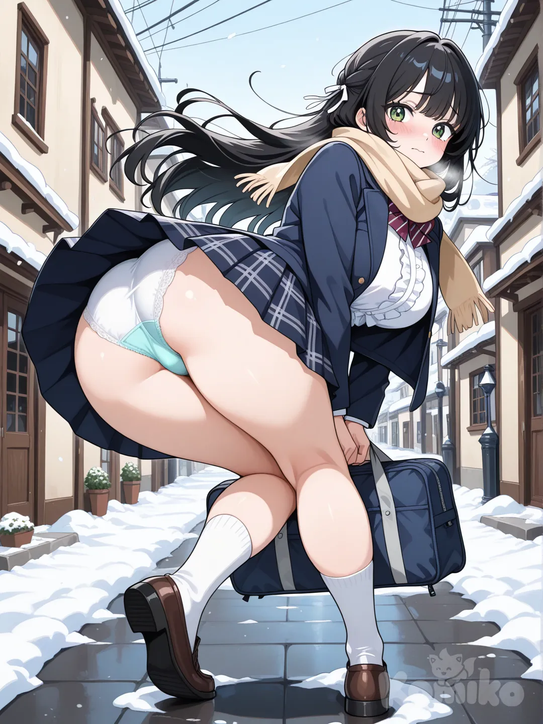 ass focus, @soymaga-1WNh , black hair, long hair, frilly ribbon, navy jacket, frilly white blouse, burgundy striped bow tie, scarf, navy checked skirt, pleated skirt, pretty woman stands on tiptoe, standing on one leg, twisted torso, bent over, sports bag, from front, looking at viewer, pretty woman, puretty, beautiful, anime style, wind blows, embarrassed, blush, wind lift, (panties visible: 1.2), skirt tug, socks loafers, snow town, high resolution, hd, 8k, 16k,manga style, masashi kishimoto style