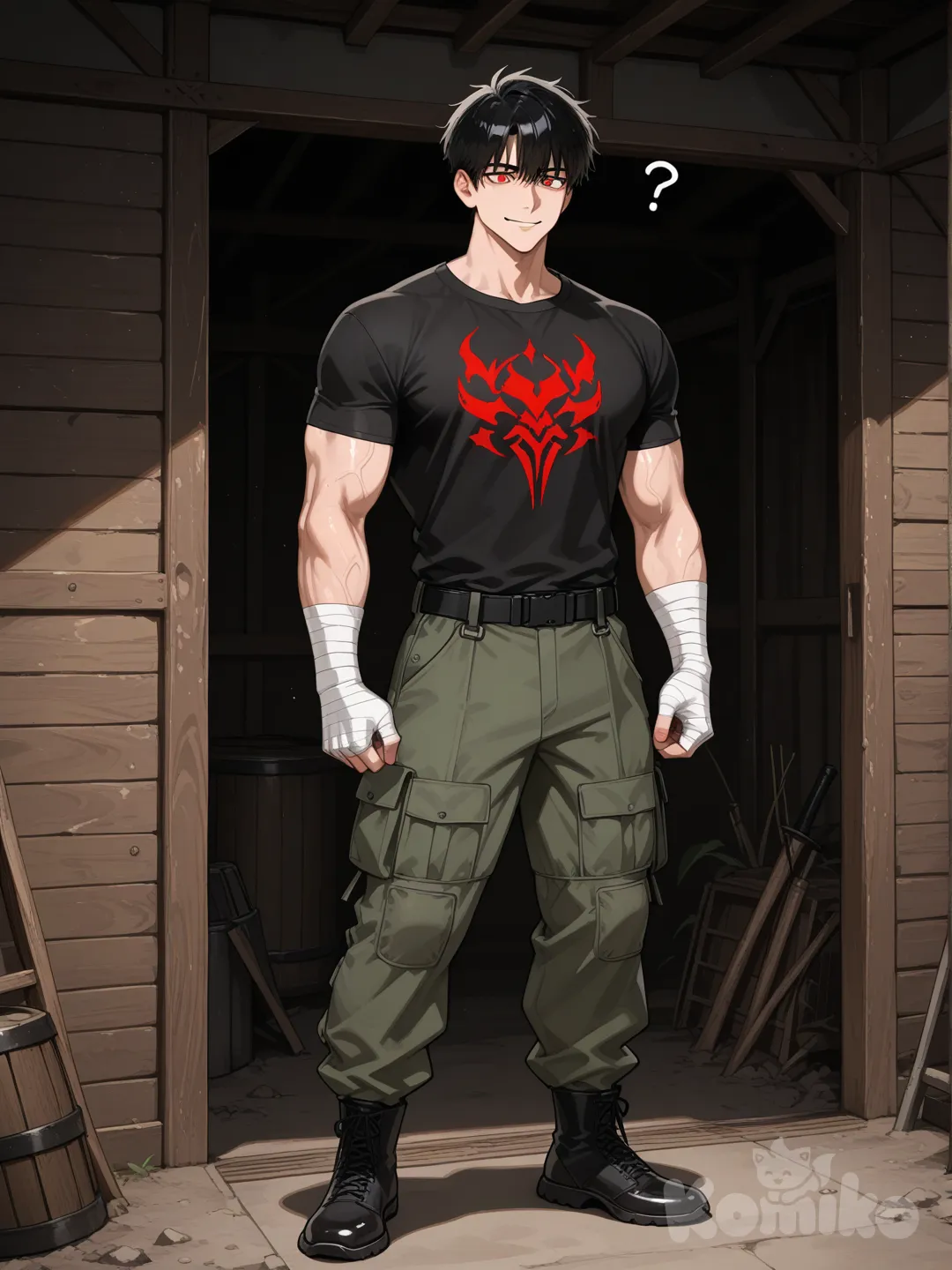 Un chico, playera negra, vendas en las manos, fuerte, pantalón de militar, ojos rojos brillantes, en una base militar, cara confundida agradable, cabello negro, piel clara