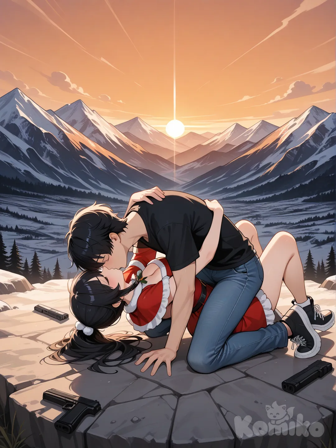 Un chico de 17 años muy joven con playera negra pantalón de mezclilla, zapatos negros, cabello negro, en lo alto de una montaña, amanecer, tomando a @navidena-I79O por la sintura tira el arma al suelo y la besa apasionadamente y ella lo abraza