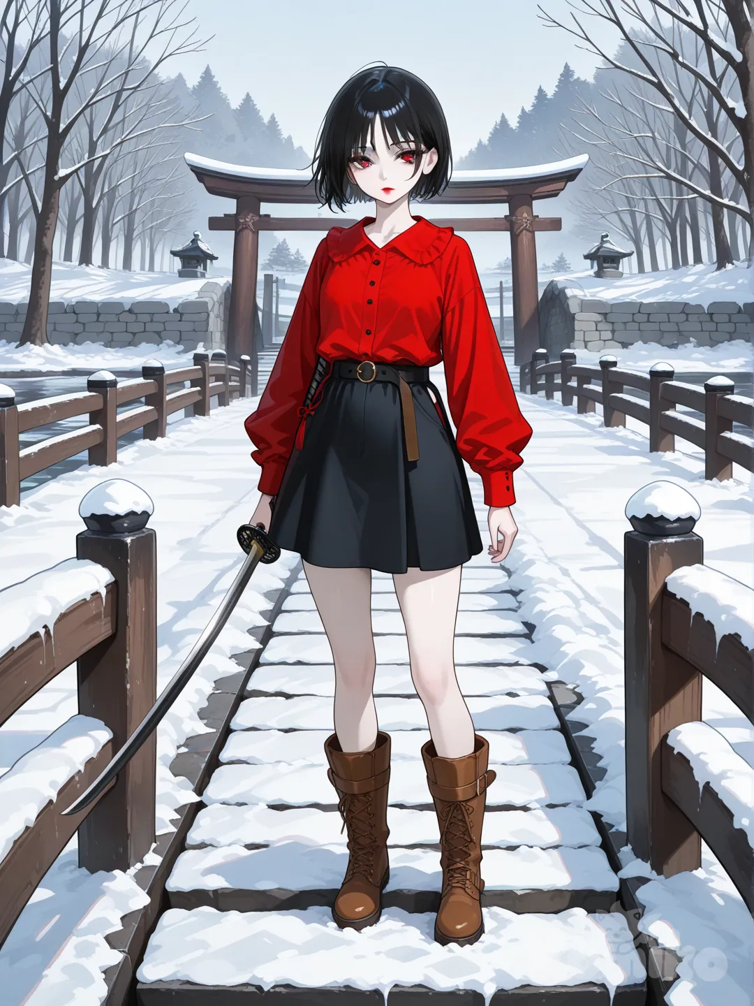 Mujer pelo corto negro, ojos rojos, cara inexpresiva , labios rojos , piel pálida, blusa manga larga rojo intenso de botones, falda corta entallada , zapatos café de nieve, en un puente de piedra , cuerpo completo. Trae una katana desenfundada.