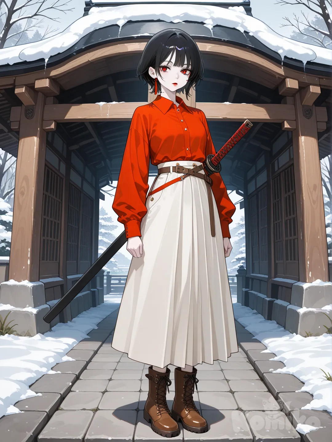Mujer pelo corto negro, ojos rojos, cara inexpresiva , labios rojos , piel pálida, blusa manga larga roja de botones, falda larga blanca entallada , zapatos café de nieve, en un puente de piedra , cuerpo completo. Trae una katana.