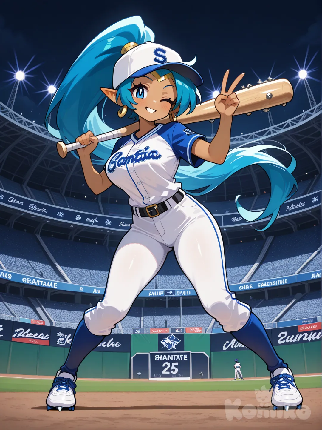 shantae (series), pelo azul , traje de beisbolista blanco con azul, guiño de ojo , con un bat de béisbol, v sign, estadio de béisbol.