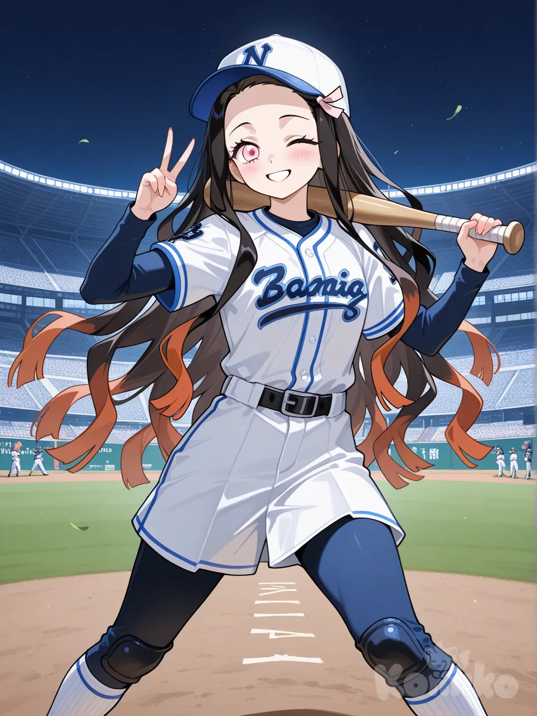 traje de beisbolista blanco con azul, guiño de ojo , con un bat de béisbol, v sign, estadio de béisbol., Kamado Nezuko