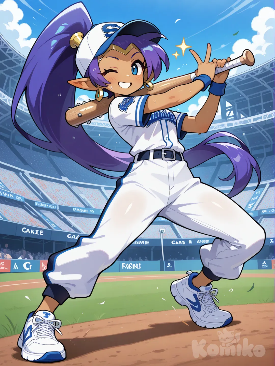 shantae (series), pelo azul , traje de beisbolista blanco con azul, guiño de ojo , con un bat de madera béisbol sin clavos, v sign, estadio de béisbol. Anime coloring. Sudando.