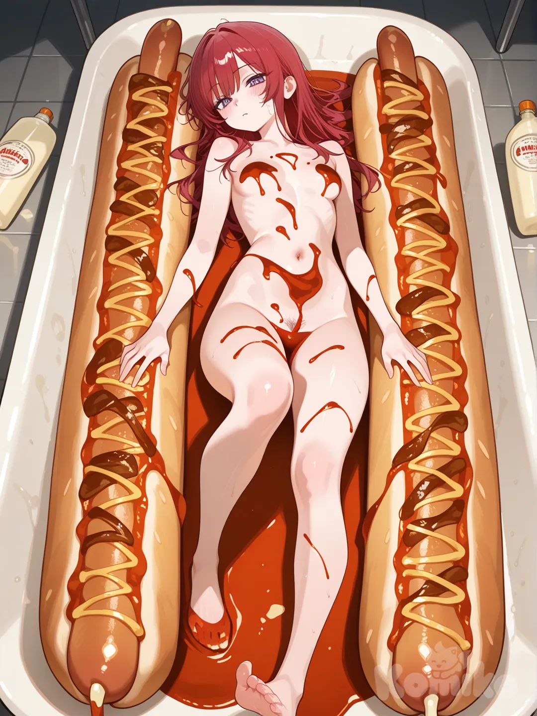 Mujer pelirroja pelo rojo intenso suelto largo y lacio , desnuda, poco vello público, acostada en dentro de un pan de hotdog gigante , bañada en catsup y mayonesa, cuerpo completo.