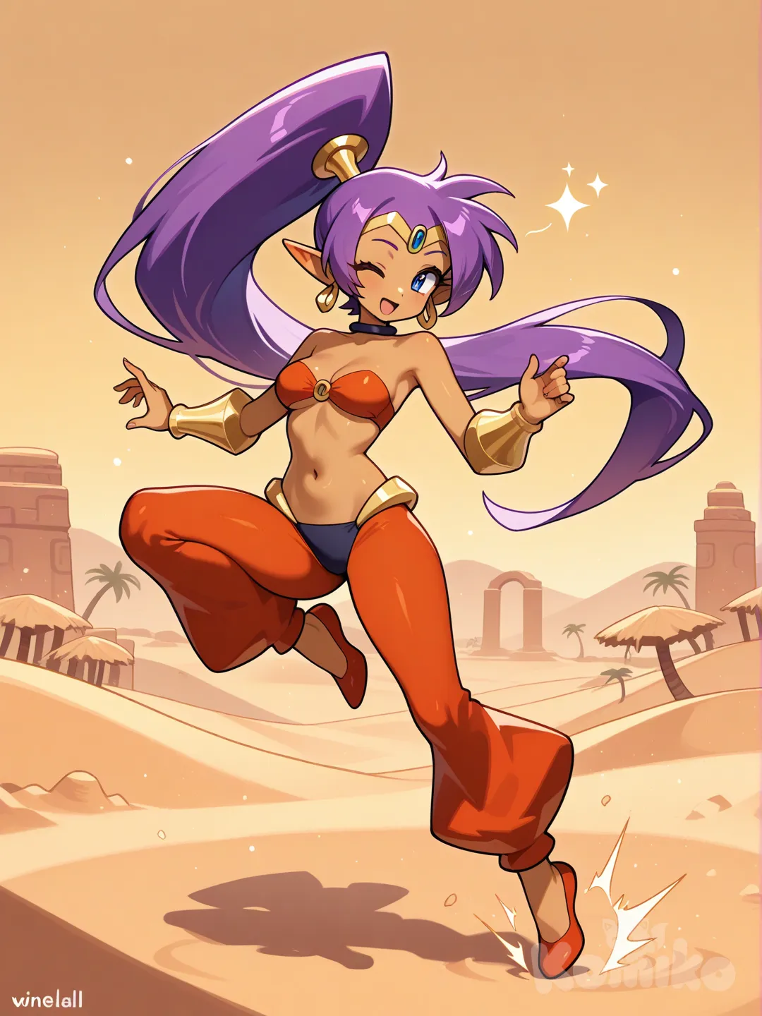 shantae (series), guiño de ojo, traje bedlah, alzando la pierna, cuerpo completo en un oasis.