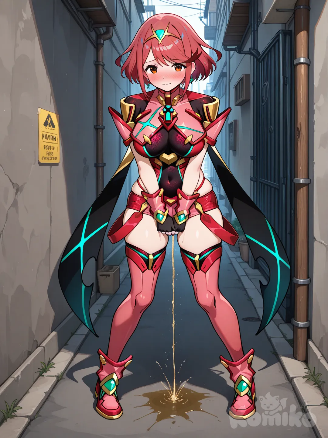 pyra (xenoblade), orinando , sonrojada, cuerpo completo, en un callejón.