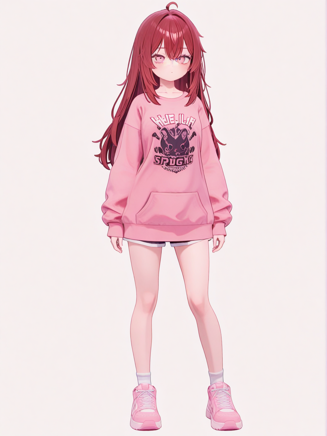 [3d-anime-style] 1girl, teenager, slim, red hair, straight hair, pink eyes, freckles, pastel colors, cyberpunk, single character, full body, looking at viewer, anime style, simple background, white background