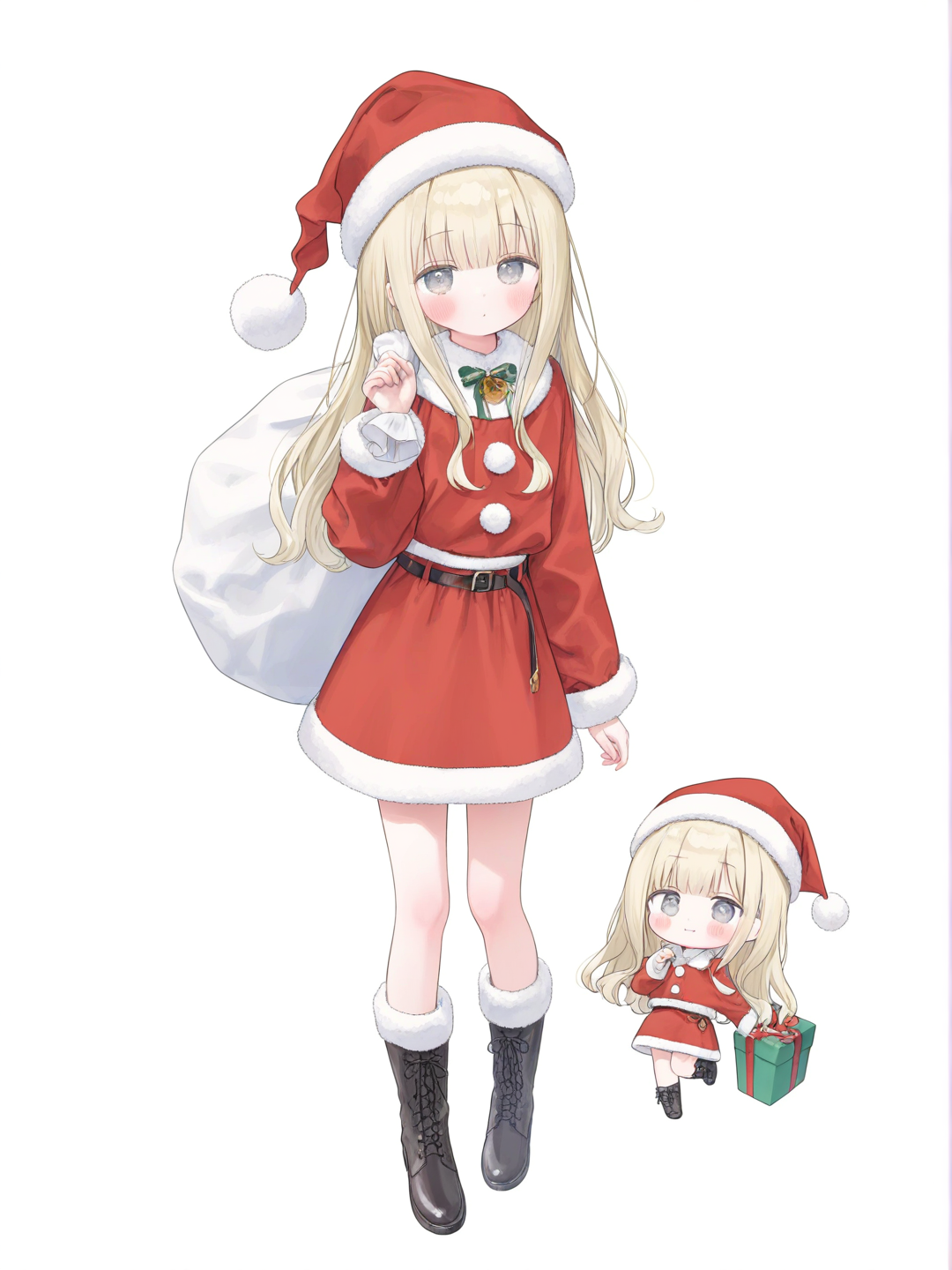 [soft-pastel-style] 1girl, chibi, blonde_hair, light_blonde_hair, grey_eyes, santa_hat, skirt, santa_costume, gift_wrapped, cute, looking_at_viewer, single character, full body, anime style, simple background, white background