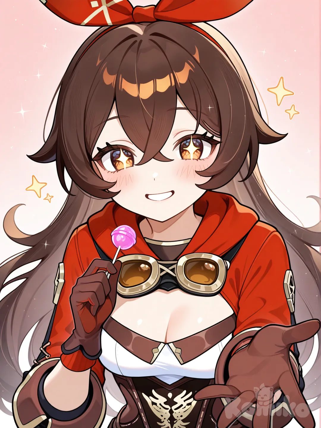 @Amber_(Genshin_Impact)กําลังให้ลูกอมยิ้มร่าเริงสดใสแก้มแดงๆ