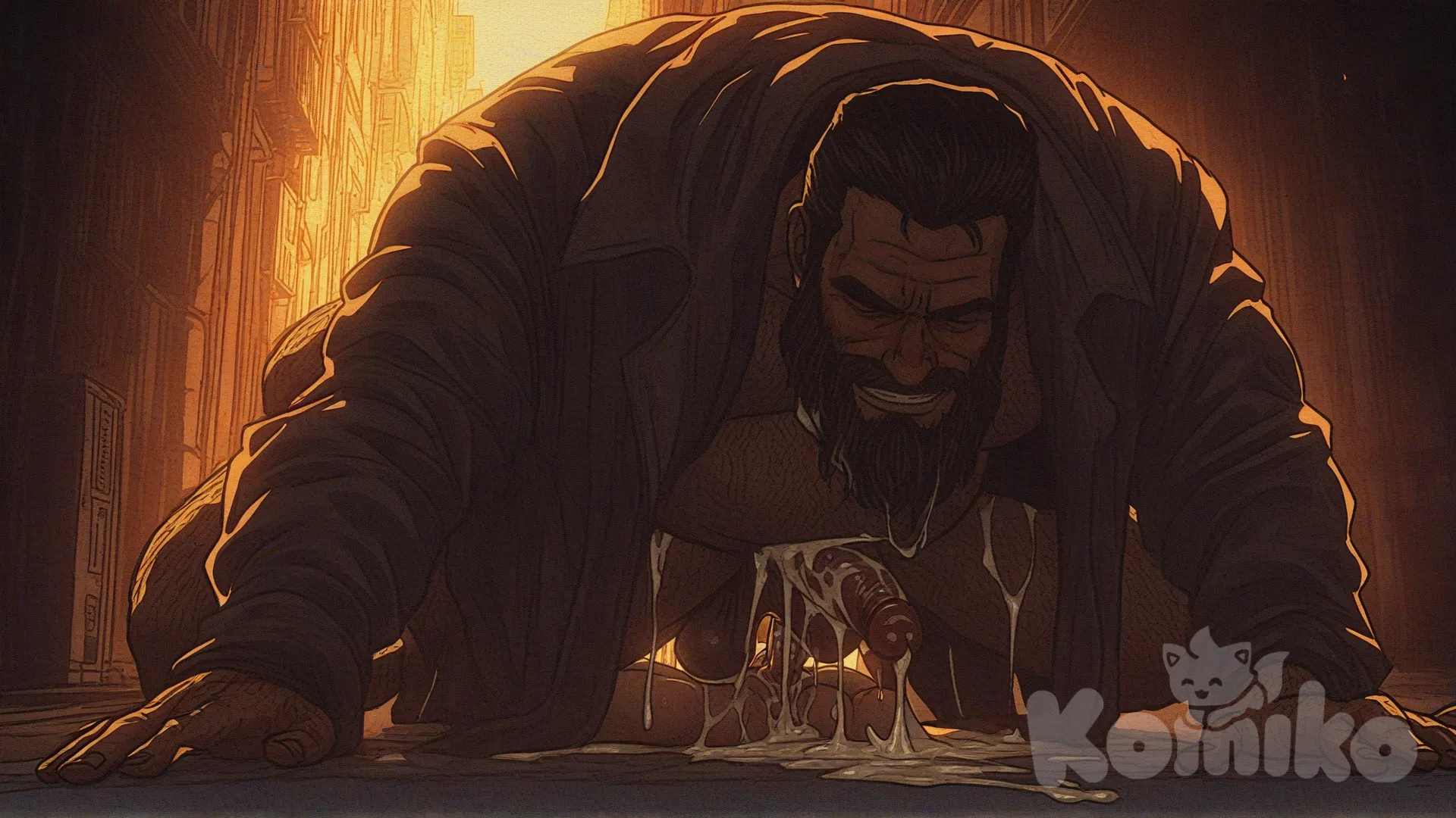 dark-skinned male, hairy, mature male, daddy, beard, big dick, thick cock, big balls, erection, nude, gay, middle-aged man, fat, bara, lecherous, horny, pervert, dark street, warp coat, squatting, cum, male squirting, cumdrip, cum string, excessive cum, cum pool, gay sex, rough sex, cum in ass, size difference, [action-manga-style], doggystyle, lying