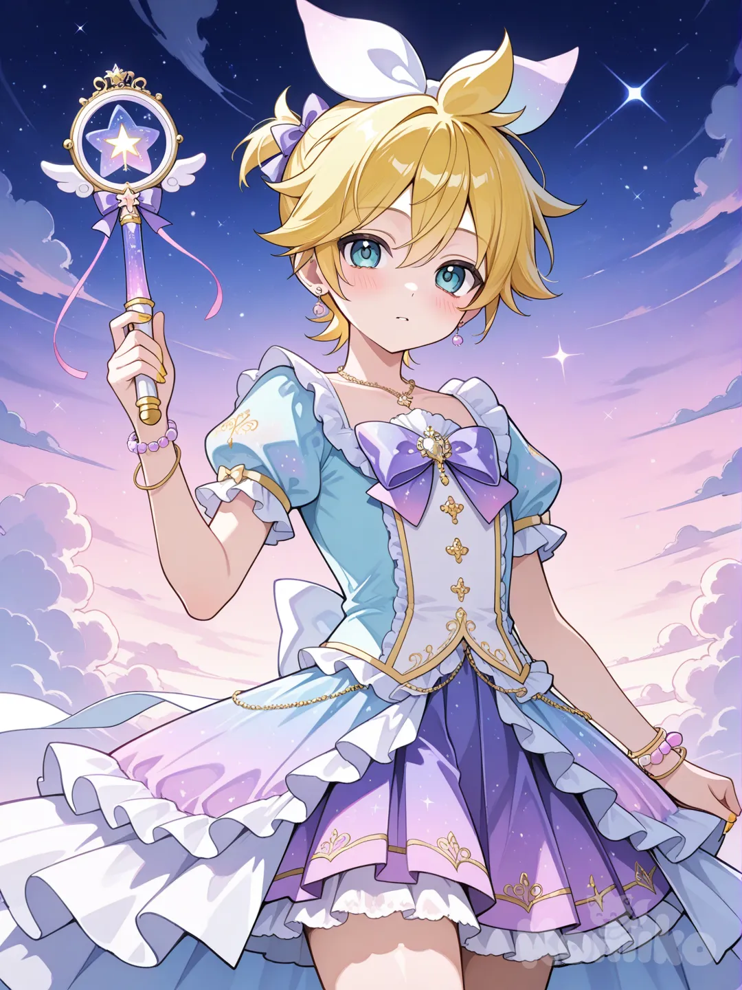 @Kagamine_Len變身成天空風格的魔法少女,顏色由紫色由下往上逐漸變成淡藍色，拿著天空夢幻魔法棒 ruffles, lace, hair accessory, bow, earrings, necklace, bracelet, jewelry, gradient