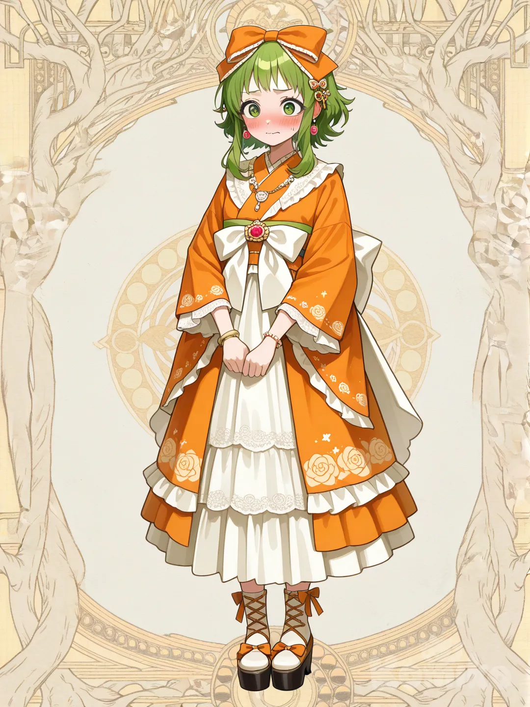 @Gumi穿和風蘿莉塔，超級尷尬, ruffles, lace, bow, hair accessory, earrings, bracelet, necklace