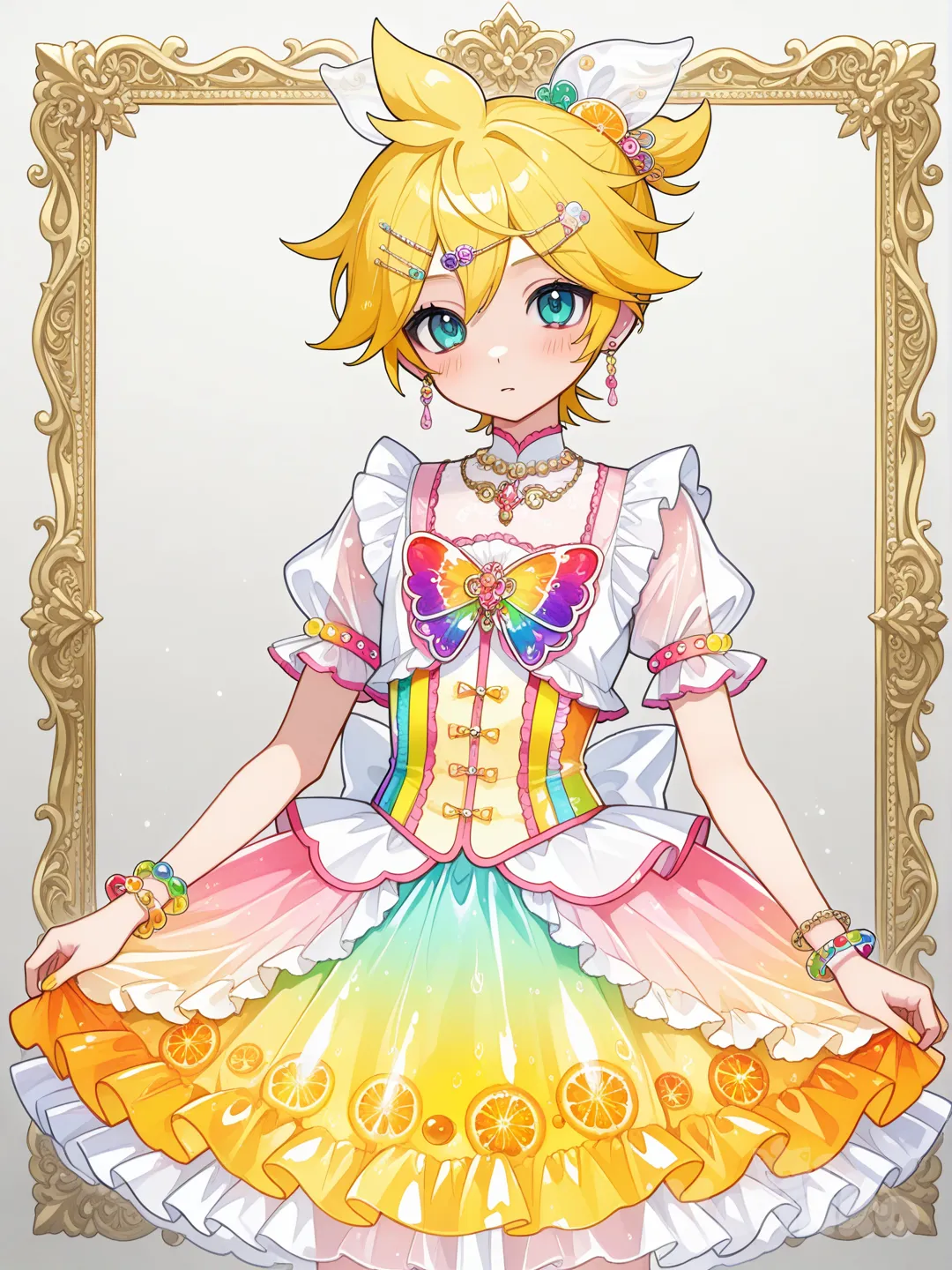 @Kagamine_Len變身成水果果凍風格的魔法少女,服裝是半透明, ruffles, lace, hair accessory, hairpin, earrings, necklace, bracelet, rainbow