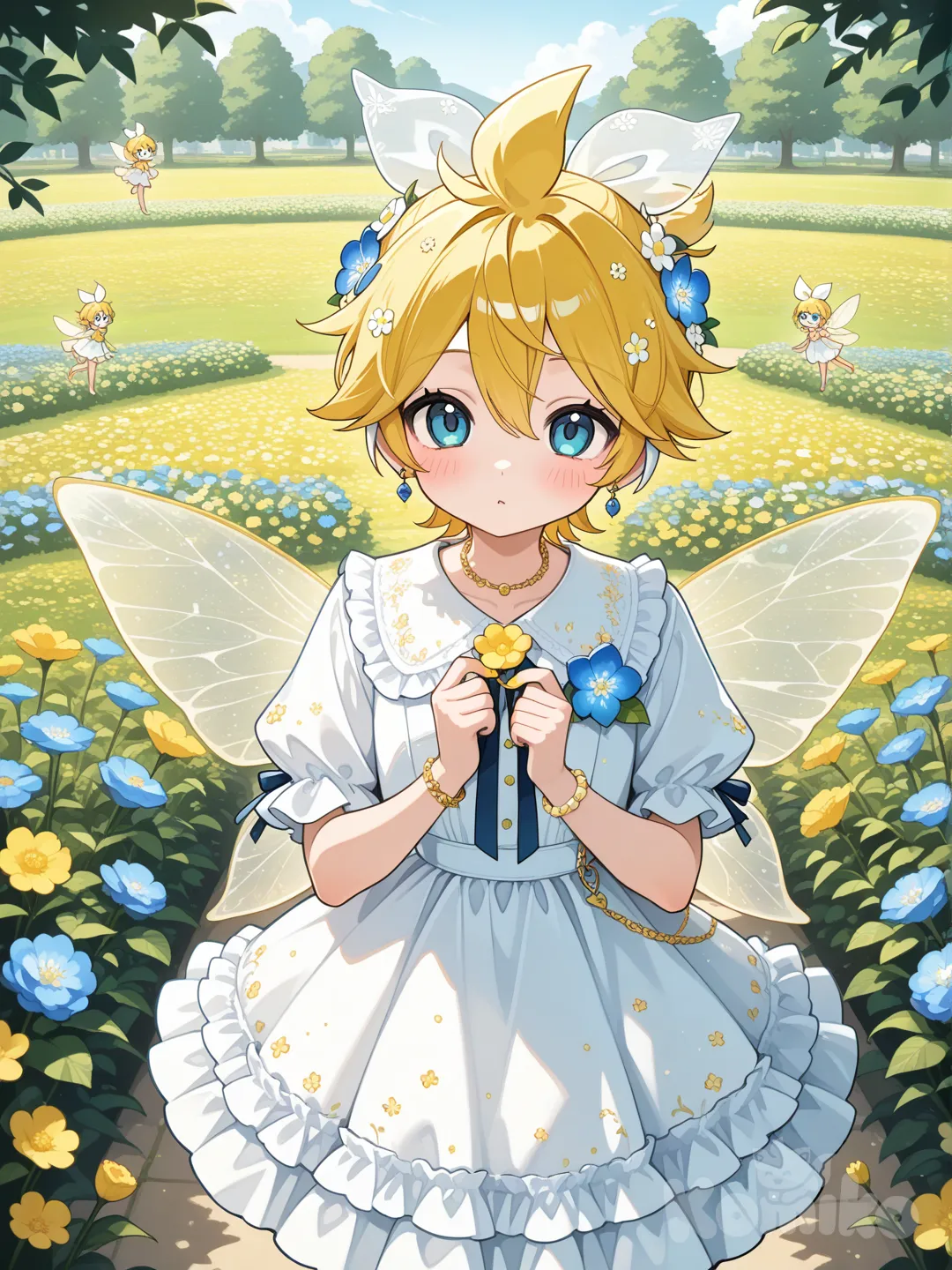 @Kagamine_Len變成花卉裡的小妖精,大小也變成和妖精一樣的嬌小模樣, ruffles, lace, corsage, hair accessory, earrings, bracelet, garden