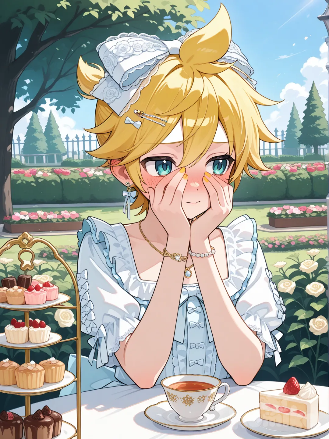 @Kagamine_Len穿著如同洋娃娃般的甜美蘿莉塔參加羅莉塔下午茶點心,羞恥到不行, ruffles, lace, hair accessory, bow, earrings, necklace, bracelet, garden