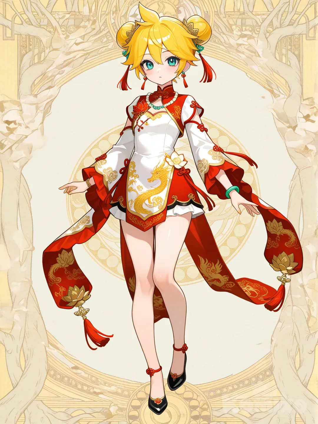 @Kagamine_Len變身成中國風的魔法少女,服裝是改造的旗袍風格,裝飾和圖樣以東方花卉和神獸為主, ruffles, hair accessory, corsage, earrings, necklace, bracelet, double buns