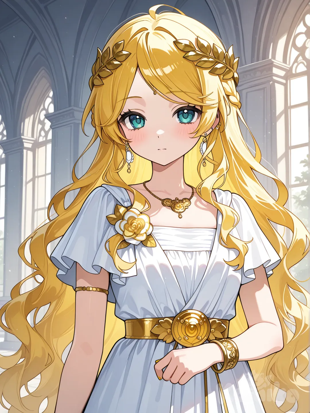 @Kagamine_Len變身成希臘風格的魔法少女,服裝款式是希臘神話中的女神風格,裝飾以希臘的桂冠為主,頭髮是微捲的長髮 ruffles, hair accessory, corsage, earrings, necklace, bracelet