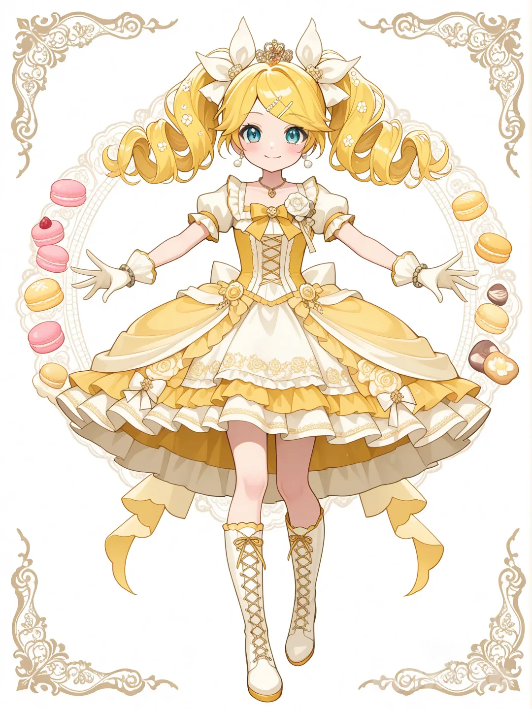 @Kagamine_Len變身成巴黎風格的魔法少女,服裝款式是洛可可風格,裝飾以巴黎的花卉和甜點為主,頭髮是捲雙馬尾 ruffles, lace, hair accessory, corsage, earrings, necklace, bow, bracelet, jewelry