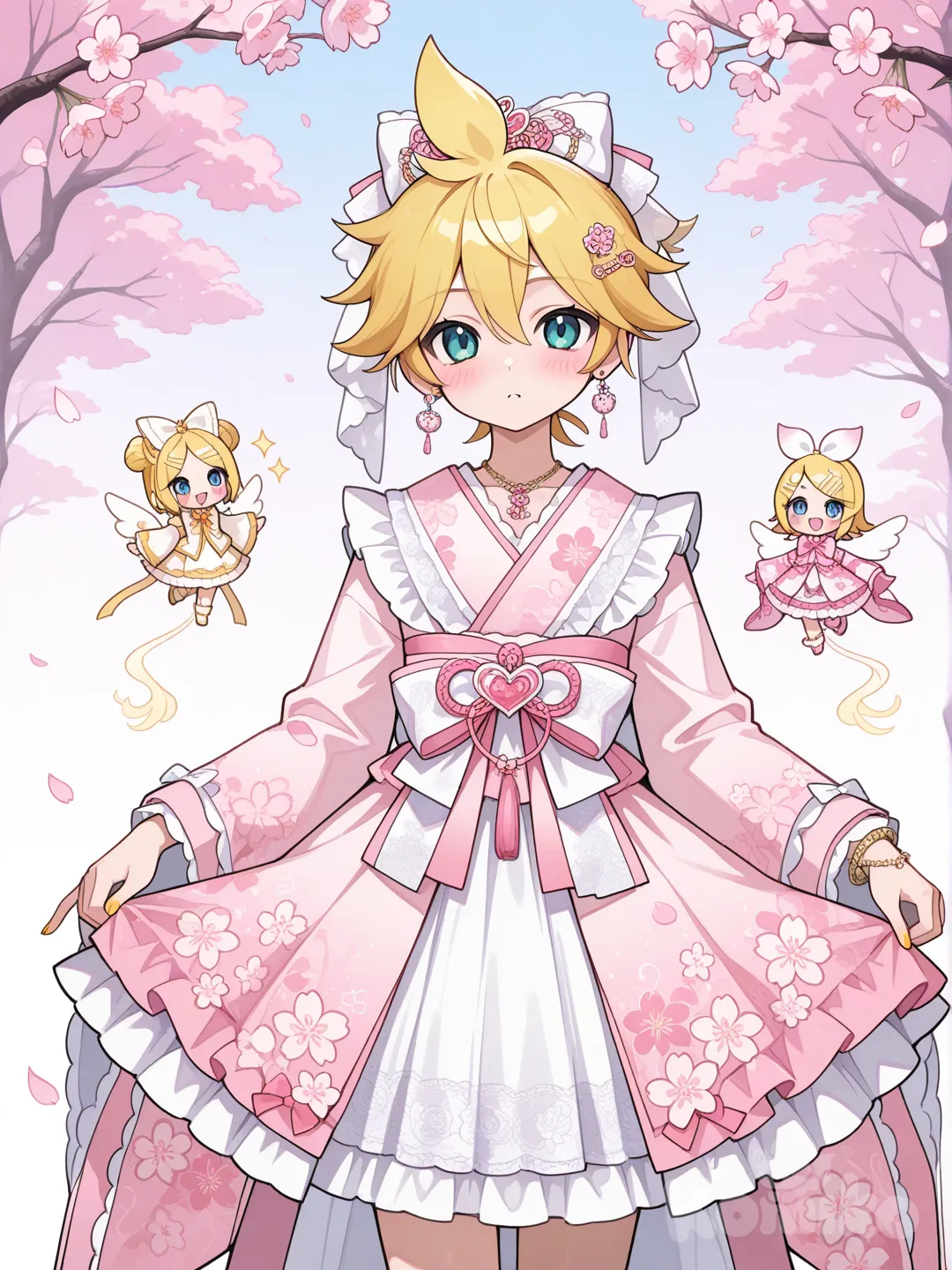 @Kagamine_Len變身成和風的魔法少女,服裝款式是和風蘿莉塔,裝飾以和風花卉和神獸為主, ruffles, lace, hair accessory, bow, earrings, necklace, bracelet, gradient